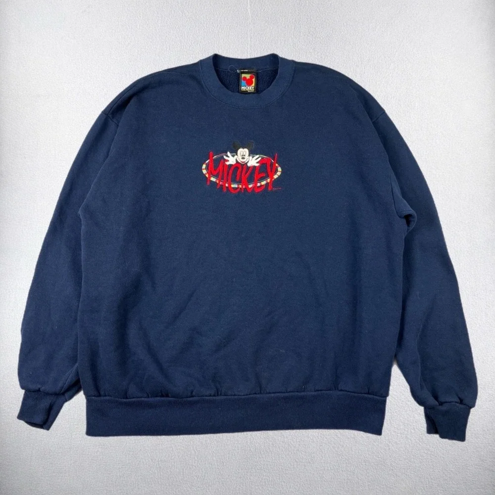 Vintage Mickey Mouse Sweatshirt Mens XL Navy Blue Embroidered Disney Crewneck